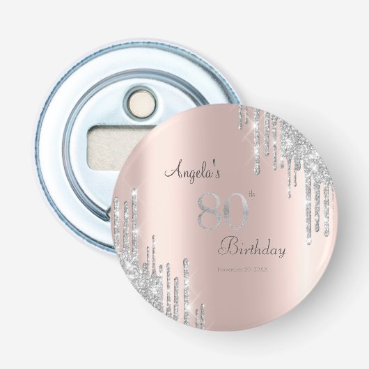 Zilveren Glitter Druppels Roze Goud 80ste Button Flesopener (Voorkant)