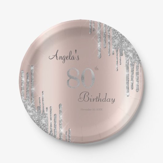 Zilveren Glitter Druppels Roze Goud 80ste Papieren Bordje (Voorkant)
