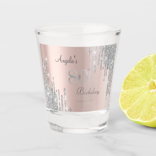 Zilveren Glitter Druppels Roze Goud 80ste Shot Glas (Voorkant)