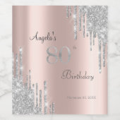 Zilveren Glitter Druppels Roze Goud 80ste Wijn Etiket (Enkel label)