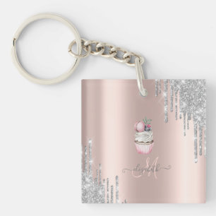 Zilveren Glitter Druppels Roze Gouden Monogram Cup Sleutelhanger