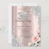 Zilveren Glitter Druppels Rozen Roze Goud 35e Kaart (Voorkant)