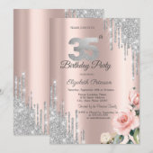 Zilveren Glitter Druppels Rozen Roze Goud 35e Kaart (Voorkant / Achterkant)