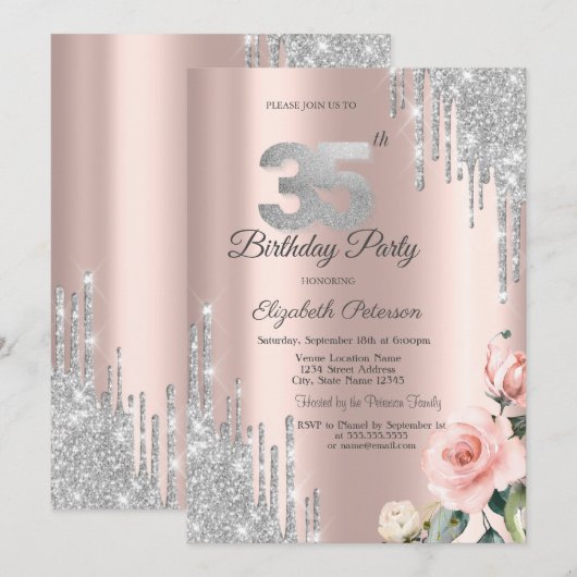 Zilveren Glitter Druppels Rozen Roze Goud 35e Kaart (Voorkant / Achterkant)