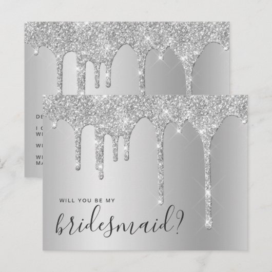 Zilveren glitter druppels zal je mijn bruidsmeisje uitnodiging briefkaart (Voorkant / Achterkant)