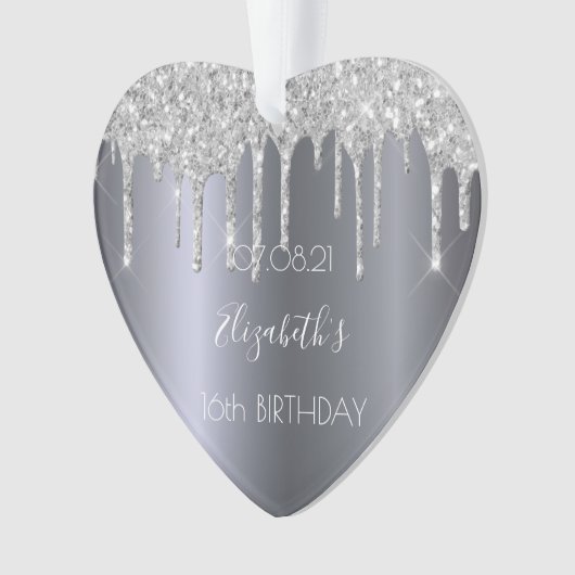 Zilveren glitter druppels zoet 16 ornament (voorkant)