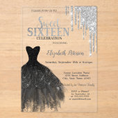 Zilveren Glitter Druppels, Zwart Dres Sweet 16 Acryl Uitnodigingen (Voorkant)