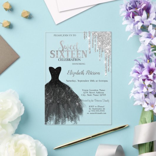 Zilveren Glitter Druppels, Zwart Dres Sweet 16 Acryl Uitnodigingen (Insitu (Huwelijk))