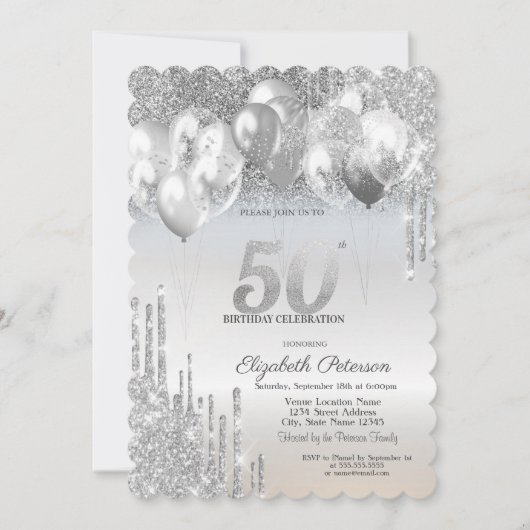 Zilveren Glitter druppelt ballonnen 50ste verjaard Kaart (Voorkant)