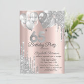 Zilveren glitter druppelt ballonnen 65e verjaardag kaart (Staand voorkant)