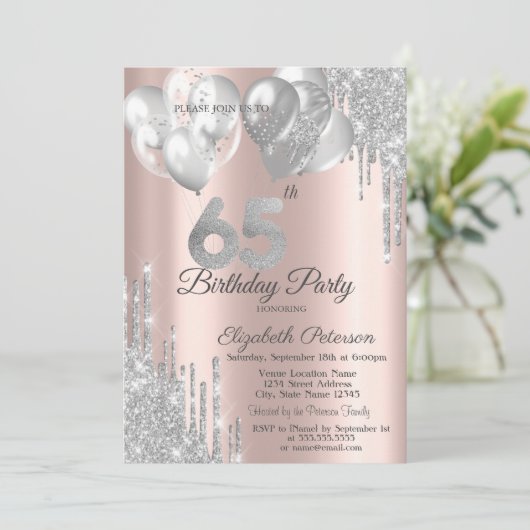Zilveren glitter druppelt ballonnen 65e verjaardag kaart (Staand voorkant)
