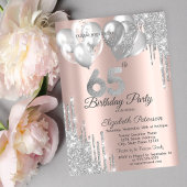 Zilveren glitter druppelt ballonnen 65e verjaardag kaart