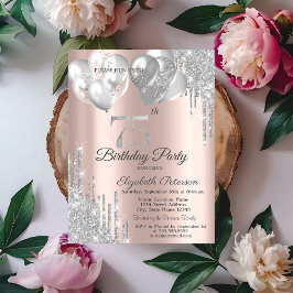 Zilveren glitter druppelt ballonnen 75e verjaardag kaart