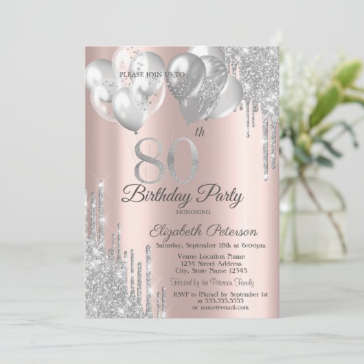 Zilveren glitter druppelt ballonnen 80e verjaardag kaart (Staand voorkant)