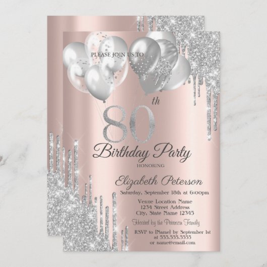 Zilveren glitter druppelt ballonnen 80e verjaardag kaart (Voorkant / Achterkant)