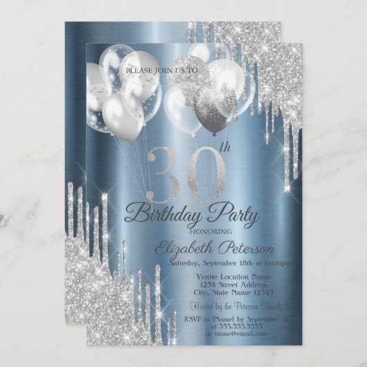 Zilveren Glitter Druppelt Ballonnen Blauw Metallic Kaart (Voorkant / Achterkant)