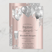 Zilveren Glitter Druppelt Ballonnen Prosecco Parel Kaart (Voorkant / Achterkant)