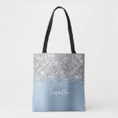 Zilveren Glitter Dusty Blue Glam Naam Tote Bag (Voorkant)