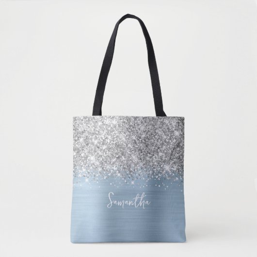 Zilveren Glitter Dusty Blue Glam Naam Tote Bag (Voorkant)