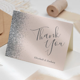 Zilveren Glitter Edge Blush Roze Bruiloft Dank u Kaart