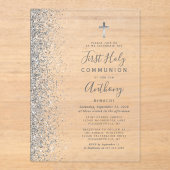 Zilveren Glitter Edge Eerste Heilige Communie Acryl Uitnodigingen (Voorkant)