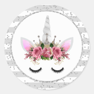 Zilveren Glitter Eenhoorn Prinses Ronde Sticker