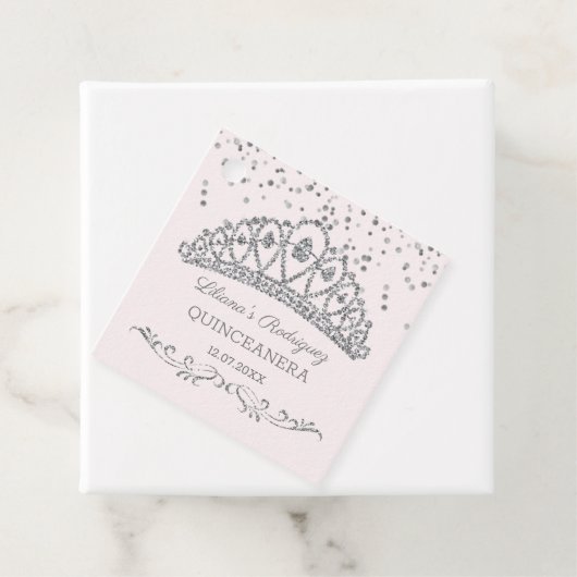 Zilveren glitter effect tiara, confetti Quinceaner Bedankjes Labels (In situ)