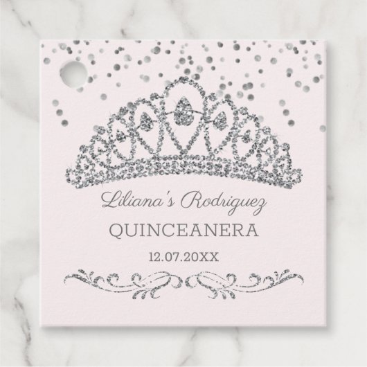 Zilveren glitter effect tiara, confetti Quinceaner Bedankjes Labels (Voorkant)