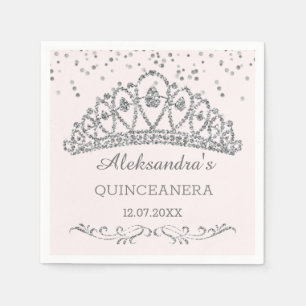 Zilveren glitter effect tiara, confetti Quinceaner Servet