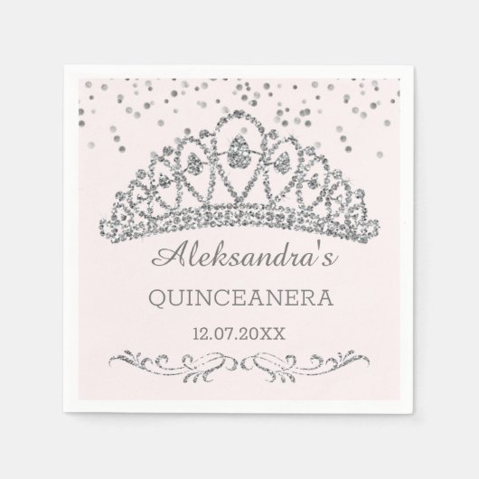Zilveren glitter effect tiara, confetti Quinceaner Servet (Voorkant)
