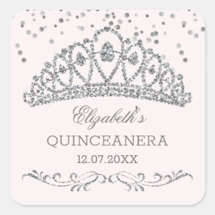 Zilveren glitter effect tiara, confetti Quinceaner Vierkante Sticker