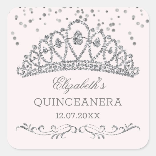 Zilveren glitter effect tiara, confetti Quinceaner Vierkante Sticker (Voorkant)