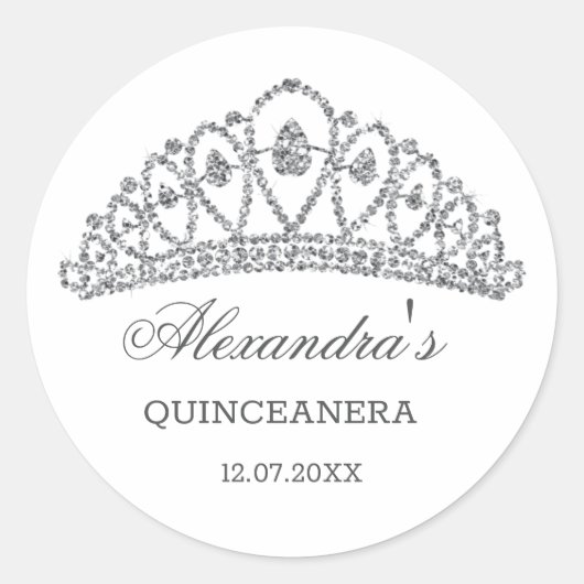 Zilveren glitter effect tiara Quinceanera Ronde Sticker (Voorkant)
