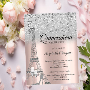 Zilveren Glitter Eiffeltoren, Glas Roze Goud Kaart