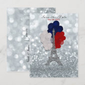 Zilveren Glitter Eiffeltoren Rood Blauw Bewaar de Aankondigingskaart (Voorkant / Achterkant)