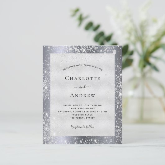 Zilveren glitter elegante bruiloft uitnodiging (Staand voorkant)