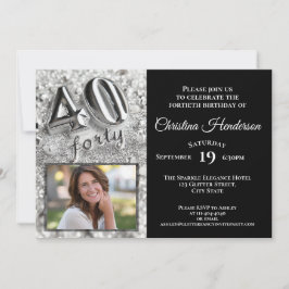 Zilveren glitter Elegante foto 40ste verjaardagsfe Kaart