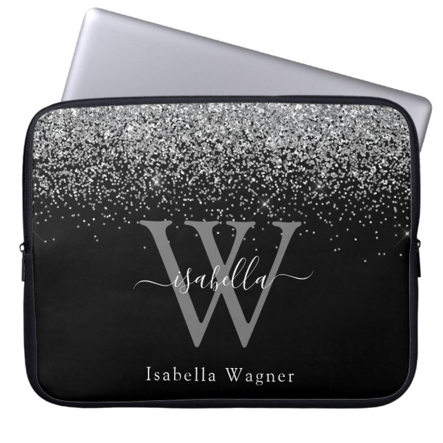 Zilveren Glitter Elegante Script Naam Laptop Sleeve (Voorkant)