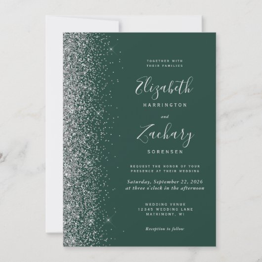 Zilveren Glitter Emerald Green QR Code Wedding Kaart (Voorkant)
