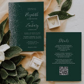 Zilveren Glitter Emerald Green QR Code Wedding Kaart