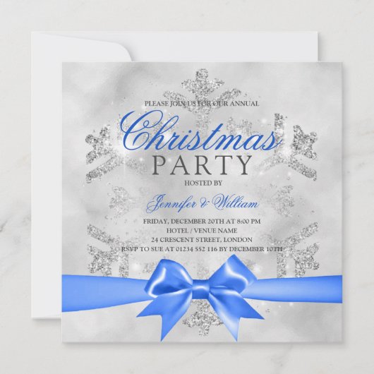 Zilveren glitter en blauw lint | kerstvakantie kaart (Voorkant)