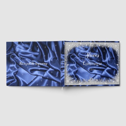  zilveren glitter en blauw Satin Quinceanera Gastenboek (Volledig)