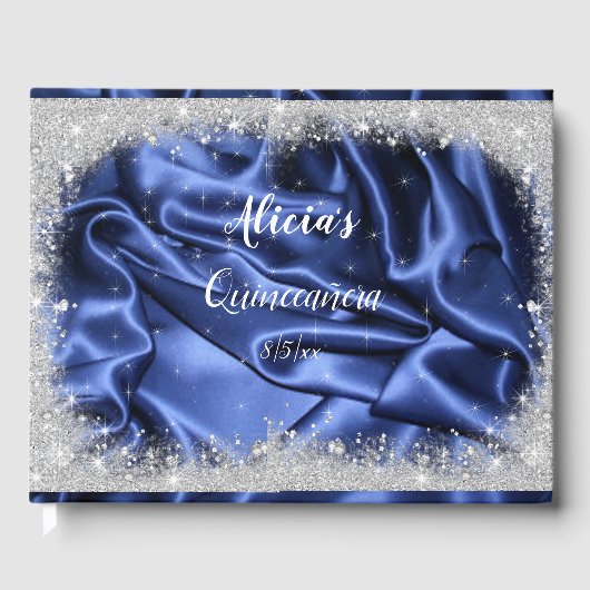  zilveren glitter en blauw Satin Quinceanera Gastenboek (Voorkant)