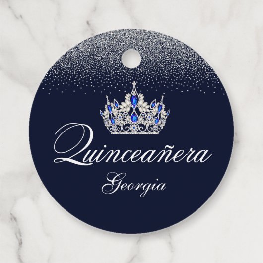 Zilveren glitter en blauwe Quinceañera Bedankjes Labels (Achterkant)