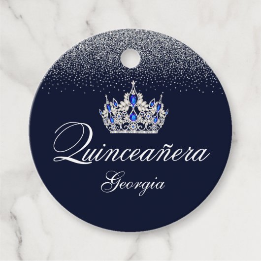 Zilveren glitter en blauwe Quinceañera Bedankjes Labels (Voorkant)