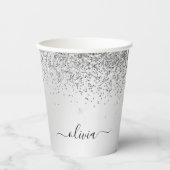 Zilveren Glitter en Glans Monogram Papieren Bekers (Voorkant)