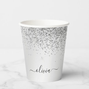 Zilveren Glitter en Glans Monogram Papieren Bekers