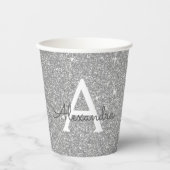 Zilveren Glitter en Glans Monogram Papieren Bekers (Voorkant)