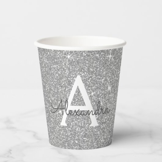 Zilveren Glitter en Glans Monogram Papieren Bekers (Voorkant)