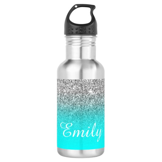 Zilveren Glitter en Helder Aqua Ombre Waterfles (Voorkant)